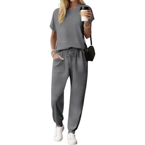 Ekouaer Womens Cotton Matching Lounge Sets Short Sleeve Top and Jogger Pants Set Fashion Casual Outfits(Dark Gray)