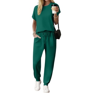 Ekouaer Womens Cotton Matching Lounge Sets Short Sleeve Top and Jogger Pants Set Fashion Casual Outfits(Green)