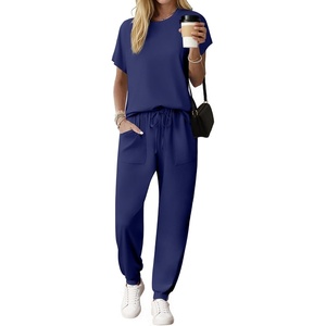Ekouaer Womens Cotton Matching Lounge Sets Short Sleeve Top and Jogger Pants Set Fashion Casual Outfits(Navy Blue)