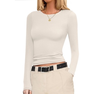 Ekouaer Womens Long Sleeve Shirts Fitted Tops Stretchy Base Layer Basic Tight Thermal Undershirt XS-XXL(White Beige)