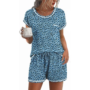 Ekouaer Womens Pajama Sets 2 Piece Soft Short Sleeve Top and Shorts Sleepwear Round Neck Pjs Lounge Set with Pockets(Blue Black Leopard)