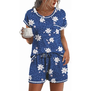 Ekouaer Womens Pajama Sets 2 Piece Soft Short Sleeve Top and Shorts Sleepwear Round Neck Pjs Lounge Set with Pockets(Blue Flowers)