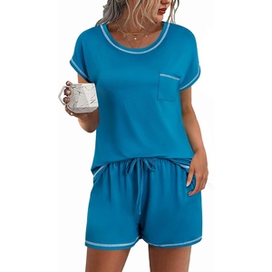 Ekouaer Womens Pajama Sets 2 Piece Soft Short Sleeve Top and Shorts Sleepwear Round Neck Pjs Lounge Set with Pockets(Blue Green)