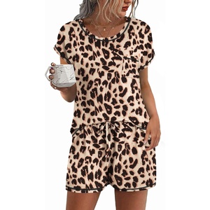 Ekouaer Womens Pajama Sets 2 Piece Soft Short Sleeve Top and Shorts Sleepwear Round Neck Pjs Lounge Set with Pockets(Brown Leopard)