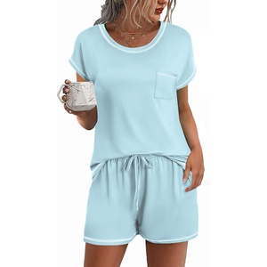 Ekouaer Womens Pajama Sets 2 Piece Soft Short Sleeve Top and Shorts Sleepwear Round Neck Pjs Lounge Set with Pockets(Light Blue)