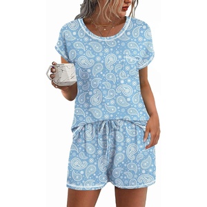 Ekouaer Womens Pajama Sets 2 Piece Soft Short Sleeve Top and Shorts Sleepwear Round Neck Pjs Lounge Set with Pockets(Light Blue Cashew Flower)