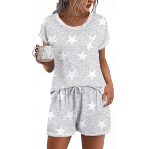 Ekouaer Womens Pajama Sets 2 Piece Soft Short Sleeve Top and Shorts Sleepwear Round Neck Pjs Lounge Set with Pockets(Light Grey Stars)
