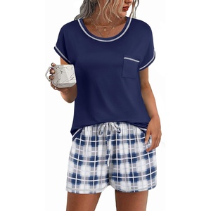 Ekouaer Womens Pajama Sets 2 Piece Soft Short Sleeve Top and Shorts Sleepwear Round Neck Pjs Lounge Set with Pockets(Navy Blue and White Plaid)