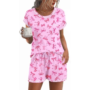 Ekouaer Womens Pajama Sets 2 Piece Soft Short Sleeve Top and Shorts Sleepwear Round Neck Pjs Lounge Set with Pockets(Pink Bow Print)