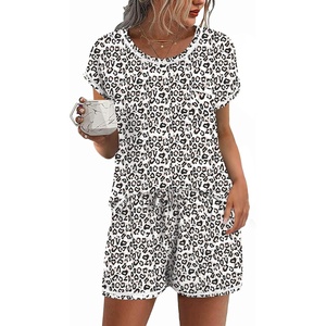 Ekouaer Womens Pajama Sets 2 Piece Soft Short Sleeve Top and Shorts Sleepwear Round Neck Pjs Lounge Set with Pockets(White Leopard)