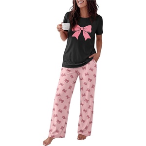 Ekouaer Womens Pajamas Sets 2 Piece Short Sleeve Lounge Set Printed Loose Pants Round Neck Pj Sets Loungewear(Black Pink Bows)