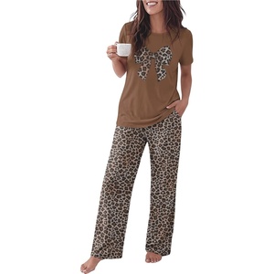 Ekouaer Womens Pajamas Sets 2 Piece Short Sleeve Lounge Set Printed Loose Pants Round Neck Pj Sets Loungewear(Brown Leopard)