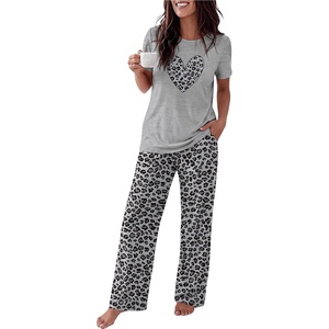 Ekouaer Womens Pajamas Sets 2 Piece Short Sleeve Lounge Set Printed Loose Pants Round Neck Pj Sets Loungewear(Gray Leopard)