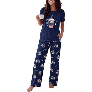 Ekouaer Womens Pajamas Sets 2 Piece Short Sleeve Lounge Set Printed Loose Pants Round Neck Pj Sets Loungewear(Navy Blue Coffee)