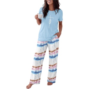 Ekouaer Womens Pajamas Sets 2 Piece Short Sleeve Lounge Set Printed Loose Pants Round Neck Pj Sets Loungewear(Ombre Blue)