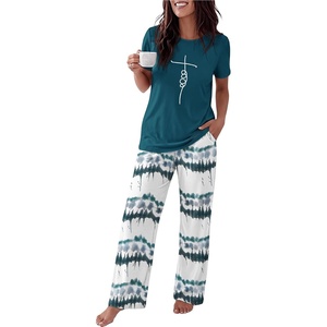 Ekouaer Womens Pajamas Sets 2 Piece Short Sleeve Lounge Set Printed Loose Pants Round Neck Pj Sets Loungewear(Ombre Blue Green)