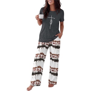 Ekouaer Womens Pajamas Sets 2 Piece Short Sleeve Lounge Set Printed Loose Pants Round Neck Pj Sets Loungewear(Ombre Dark Gray)