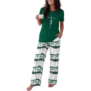 Ekouaer Womens Pajamas Sets 2 Piece Short Sleeve Lounge Set Printed Loose Pants Round Neck Pj Sets Loungewear(Ombre Deep Green)