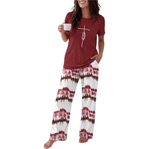 Ekouaer Womens Pajamas Sets 2 Piece Short Sleeve Lounge Set Printed Loose Pants Round Neck Pj Sets Loungewear(Ombre Wine Red)
