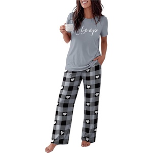 Ekouaer Womens Pajamas Sets 2 Piece Short Sleeve Lounge Set Printed Loose Pants Round Neck Pj Sets Loungewear(Plaid Gray)