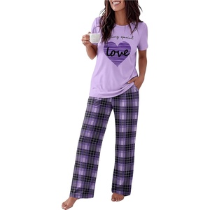 Ekouaer Womens Pajamas Sets 2 Piece Short Sleeve Lounge Set Printed Loose Pants Round Neck Pj Sets Loungewear(Plaid Purple)
