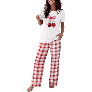 Ekouaer Womens Pajamas Sets 2 Piece Short Sleeve Lounge Set Printed Loose Pants Round Neck Pj Sets Loungewear(Plaid Red)