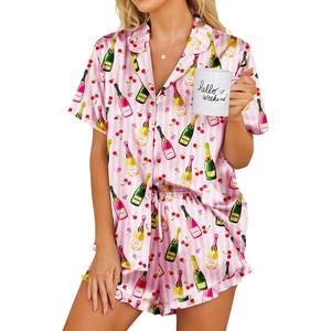 Ekouaer Womens Satin Pajamas Set Button Down 2 Piece Silk Pjs Shorts Set Ruffle Lingerie Notch Collar Sleepwear(Champagne Bottle Pink)