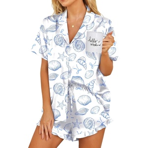 Ekouaer Womens Satin Pajamas Set Button Down 2 Piece Silk Pjs Shorts Set Ruffle Lingerie Notch Collar Sleepwear(Conch Seashell)