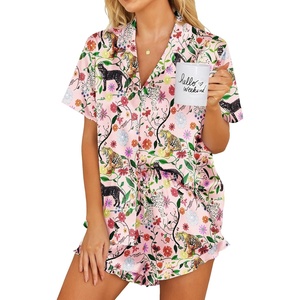 Ekouaer Womens Satin Pajamas Set Button Down 2 Piece Silk Pjs Shorts Set Ruffle Lingerie Notch Collar Sleepwear(Pink Tiger)