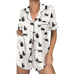 Ekouaer Womens Silk Satin Pajama Sets 2 Piece Button Down Silk Pjs Shorts Sets Cute Print Short Sleeve Sleepwear S-4XL(Black Cat)
