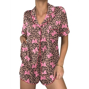 Ekouaer Womens Silk Satin Pajama Sets 2 Piece Button Down Silk Pjs Shorts Sets Cute Print Short Sleeve Sleepwear S-4XL(Brown Leopard With Pink Bow)