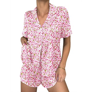Ekouaer Womens Silk Satin Pajama Sets 2 Piece Button Down Silk Pjs Shorts Sets Cute Print Short Sleeve Sleepwear S-4XL(Floral Pink)