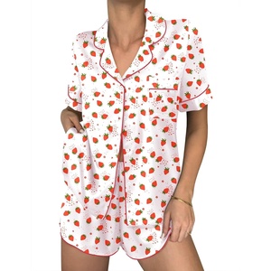 Ekouaer Womens Silk Satin Pajama Sets 2 Piece Button Down Silk Pjs Shorts Sets Cute Print Short Sleeve Sleepwear S-4XL(Strawberry)