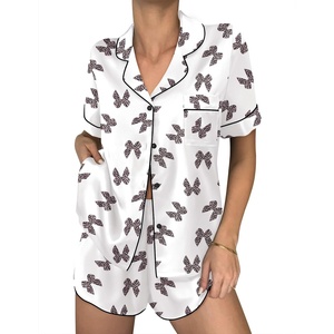 Ekouaer Womens Silk Satin Pajama Sets 2 Piece Button Down Silk Pjs Shorts Sets Cute Print Short Sleeve Sleepwear S-4XL(White With Leopard Bow)
