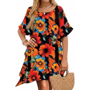 Ekouaer Women’s Swimsuit Coverup Chiffon Floral Bathing Suit Cover Up Ruffled Summer Beachwear Bikini Coverups S-3XL(01floral Orange Black)