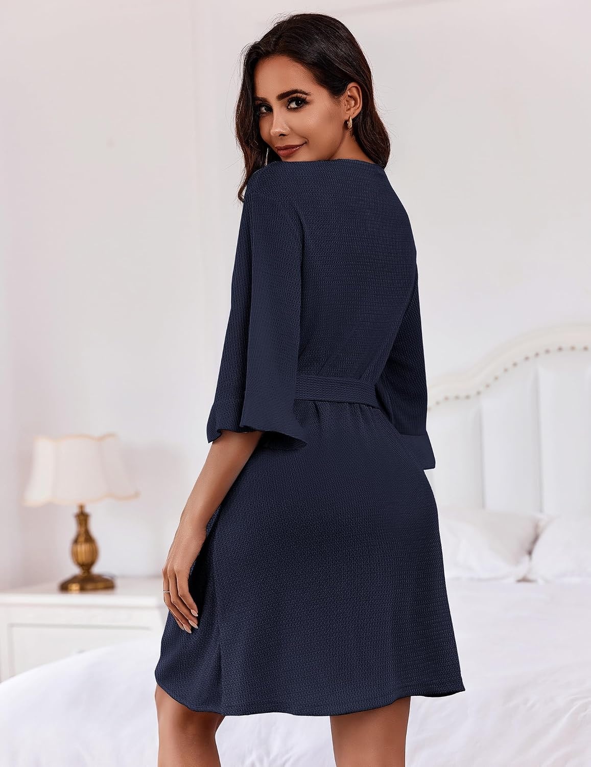 image:imageEkouaer Robes for Women Lightweight Waffle Knit Short Bath Robe Knee Length Ruffle Ladies LoungewearDark Blue