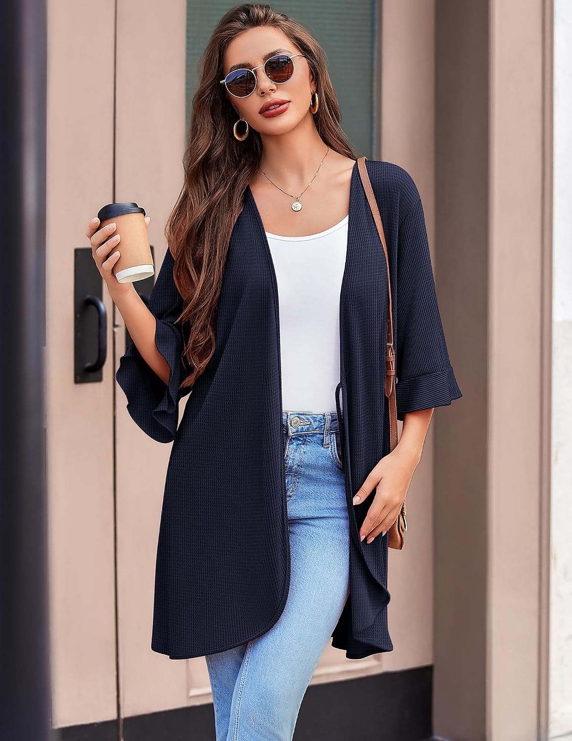 image:imageEkouaer Robes for Women Lightweight Waffle Knit Short Bath Robe Knee Length Ruffle Ladies LoungewearDark Blue