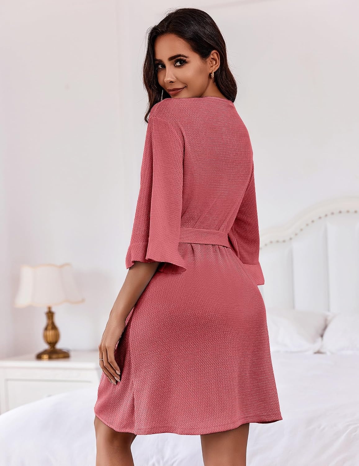image:imageEkouaer Robes for Women Lightweight Waffle Knit Short Bath Robe Knee Length Ruffle Ladies LoungewearGray Purple