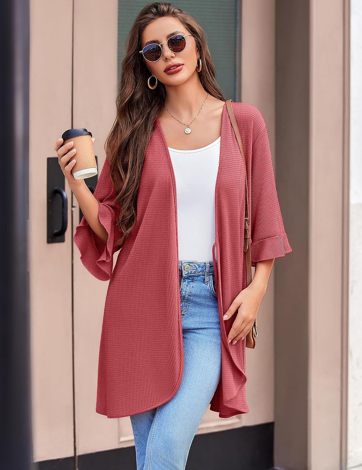 image:imageEkouaer Robes for Women Lightweight Waffle Knit Short Bath Robe Knee Length Ruffle Ladies LoungewearGray Purple