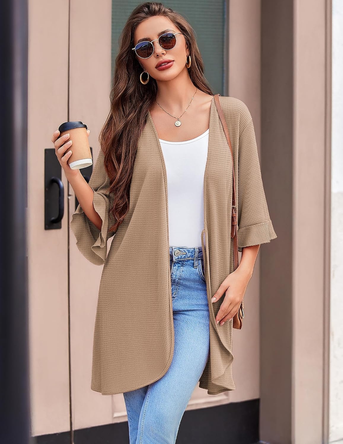 image:imageEkouaer Robes for Women Lightweight Waffle Knit Short Bath Robe Knee Length Ruffle Ladies LoungewearKhaki