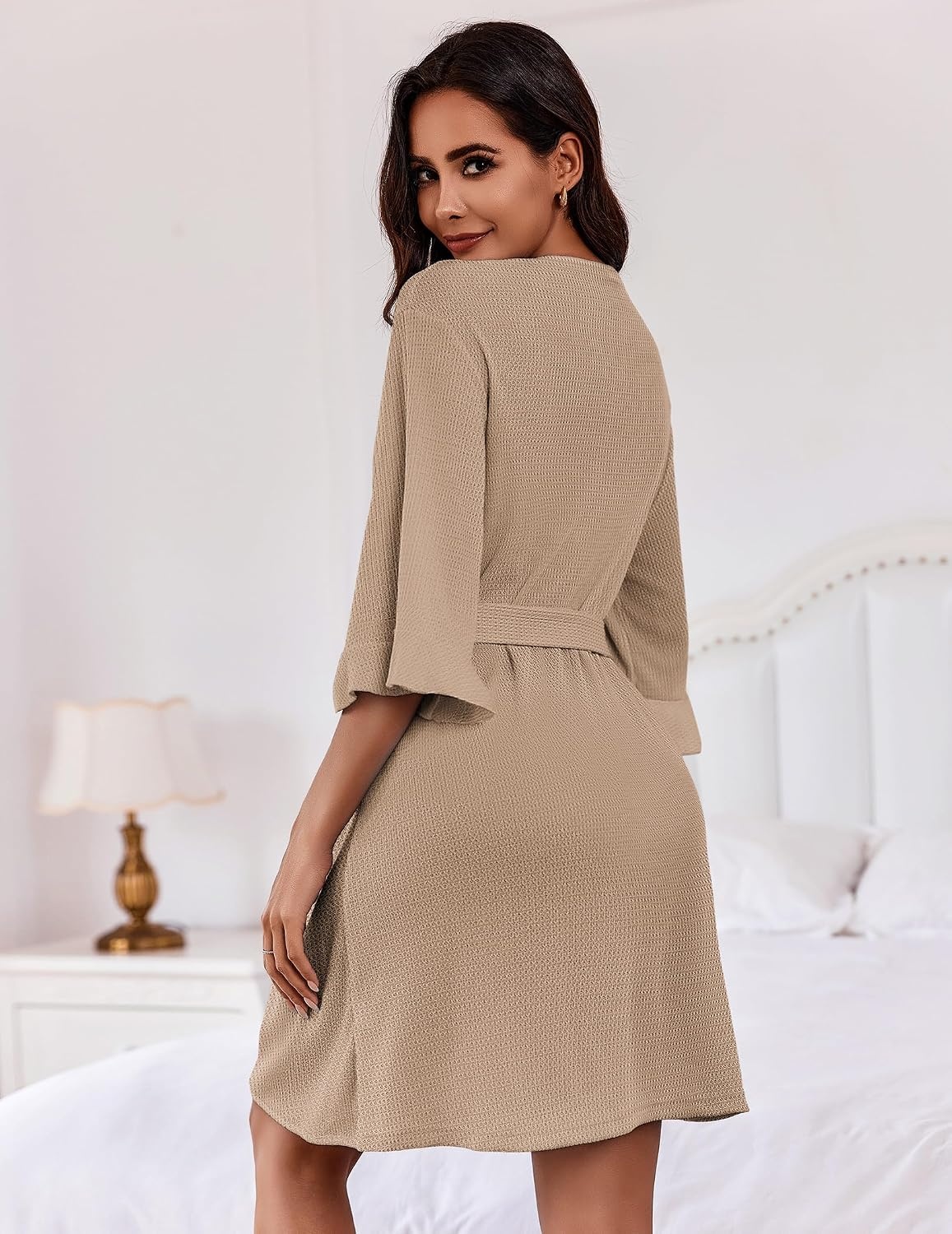 image:imageEkouaer Robes for Women Lightweight Waffle Knit Short Bath Robe Knee Length Ruffle Ladies LoungewearKhaki