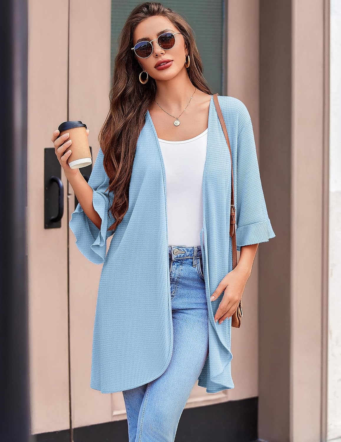 image:imageEkouaer Robes for Women Lightweight Waffle Knit Short Bath Robe Knee Length Ruffle Ladies LoungewearLight Blue