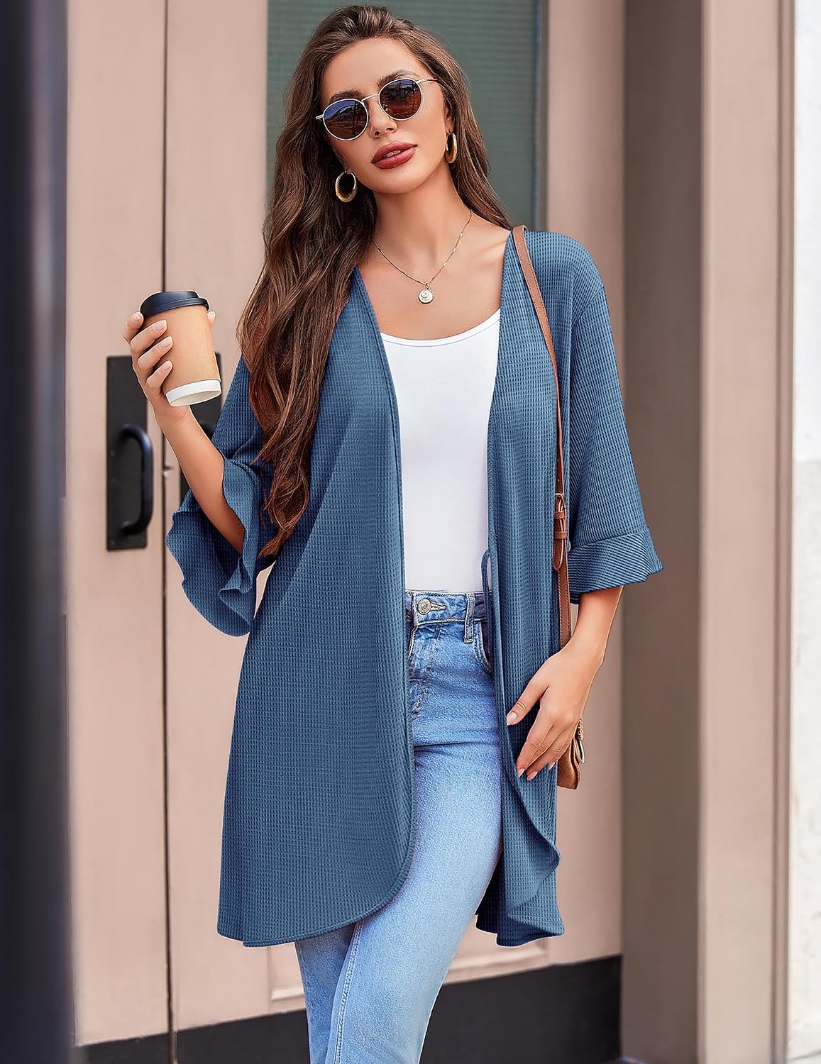 image:imageEkouaer Robes for Women Lightweight Waffle Knit Short Bath Robe Knee Length Ruffle Ladies LoungewearNavy