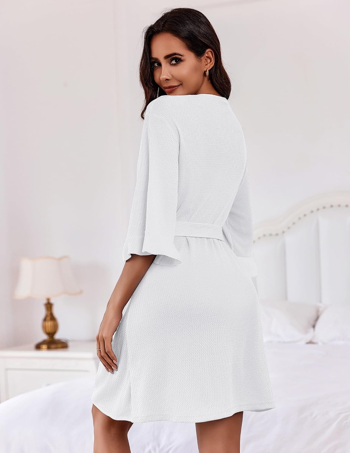 image:imageEkouaer Robes for Women Lightweight Waffle Knit Short Bath Robe Knee Length Ruffle Ladies LoungewearWhite