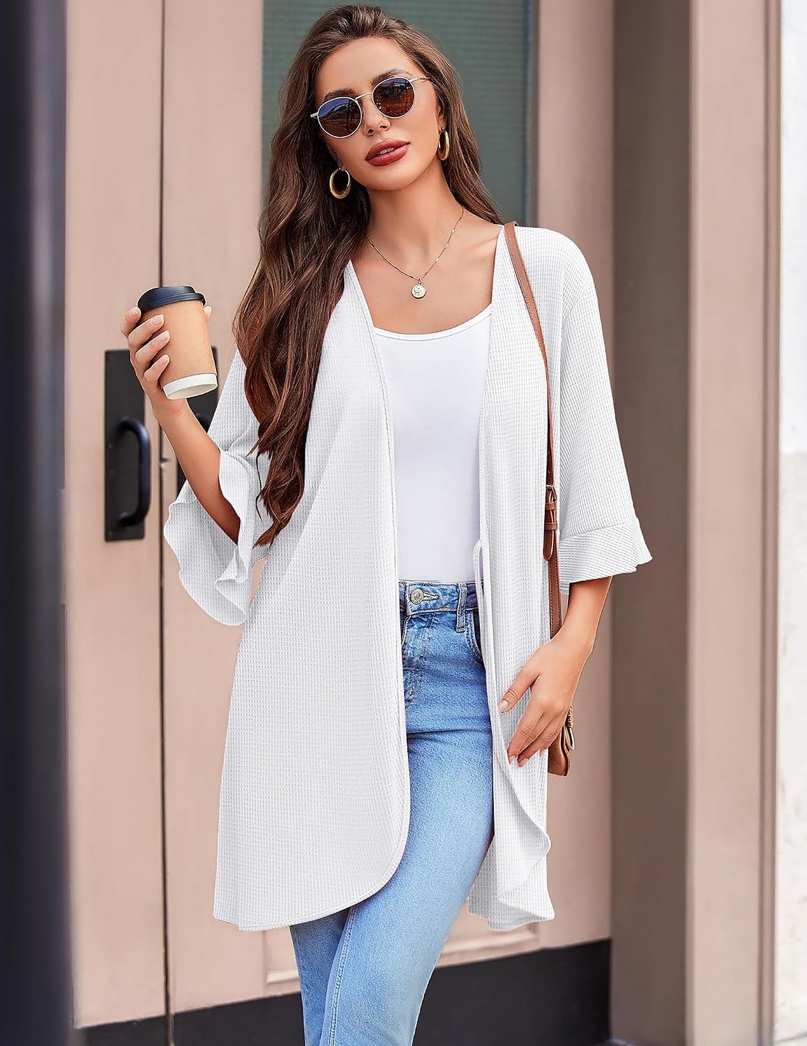 image:imageEkouaer Robes for Women Lightweight Waffle Knit Short Bath Robe Knee Length Ruffle Ladies LoungewearWhite