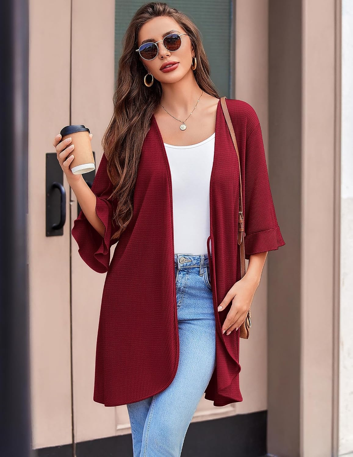 image:imageEkouaer Robes for Women Lightweight Waffle Knit Short Bath Robe Knee Length Ruffle Ladies LoungewearWine Red