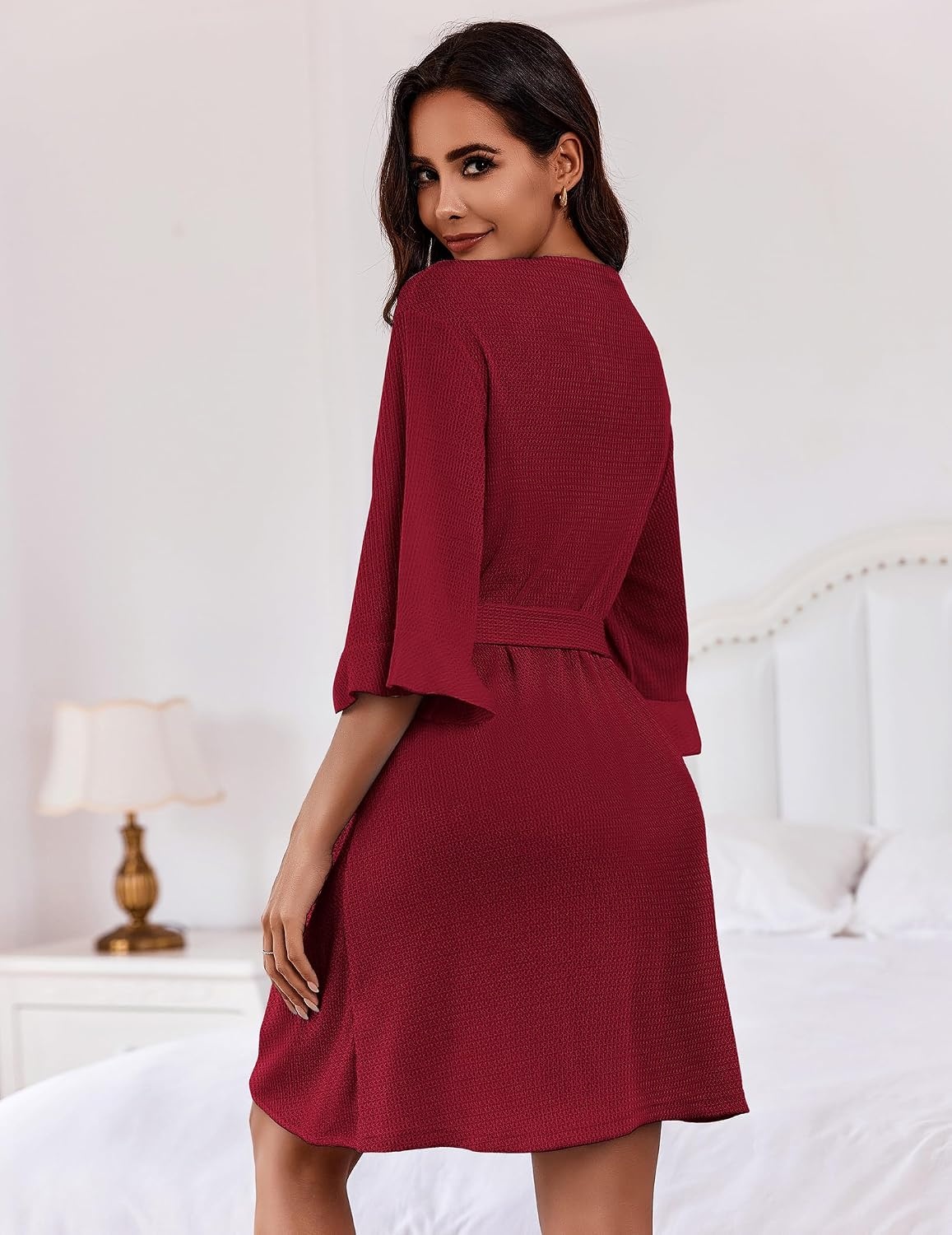 image:imageEkouaer Robes for Women Lightweight Waffle Knit Short Bath Robe Knee Length Ruffle Ladies LoungewearWine Red
