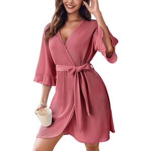 Ekouaer Robes for Women Lightweight Waffle Knit Short Bath Robe Knee Length Ruffle Ladies Loungewear(Gray Purple)