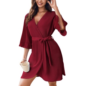 Ekouaer Robes for Women Lightweight Waffle Knit Short Bath Robe Knee Length Ruffle Ladies Loungewear(Wine Red)