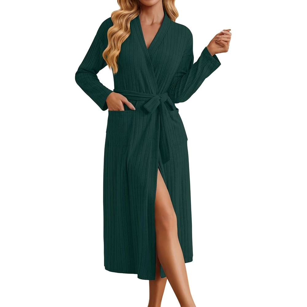 image:imageEkouaer Womens Robes Long Ribbed Knit Bathrobe Kimono Robe Lightweight Soft Sleepwear Casual Ladies Loungewear with PocketsDark Green